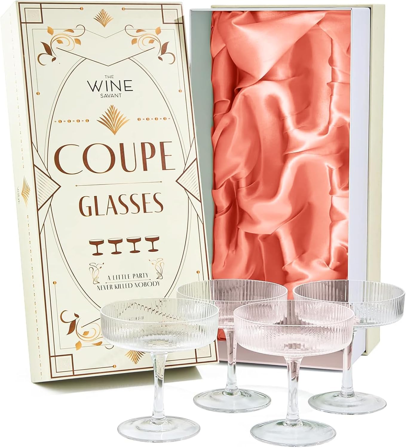 Vintage Art Deco Coupe Glasses, Martini, Champagne & Cocktail Ribbed Glass 7 oz | Set of 4 | Crystal, Manhattan, Cosmopolitan, Sidecar Cocktail Glassware for Champagne , Ripple Glassware - Gift Box