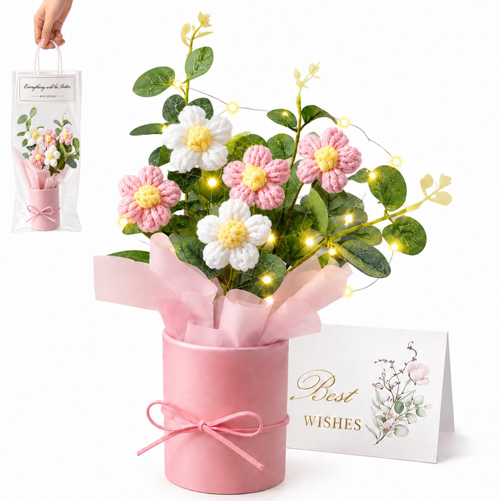 TUBAWD Handmade Crochet Flowers Bouquet Set with Card, Crochet Flower in White and Pink with Lights and Bag, Knitted Flowers Bouquet for Home Decor or Gift