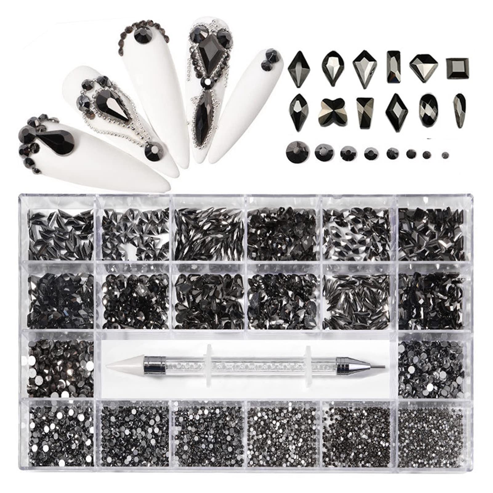 1 scatola di 2800 lussuoso kit decorazione di strass for nail art kit 3d in lega glamour unghie diamantato con unghie cristallina mista con 1 penna wanglan(Color:Mine black)
