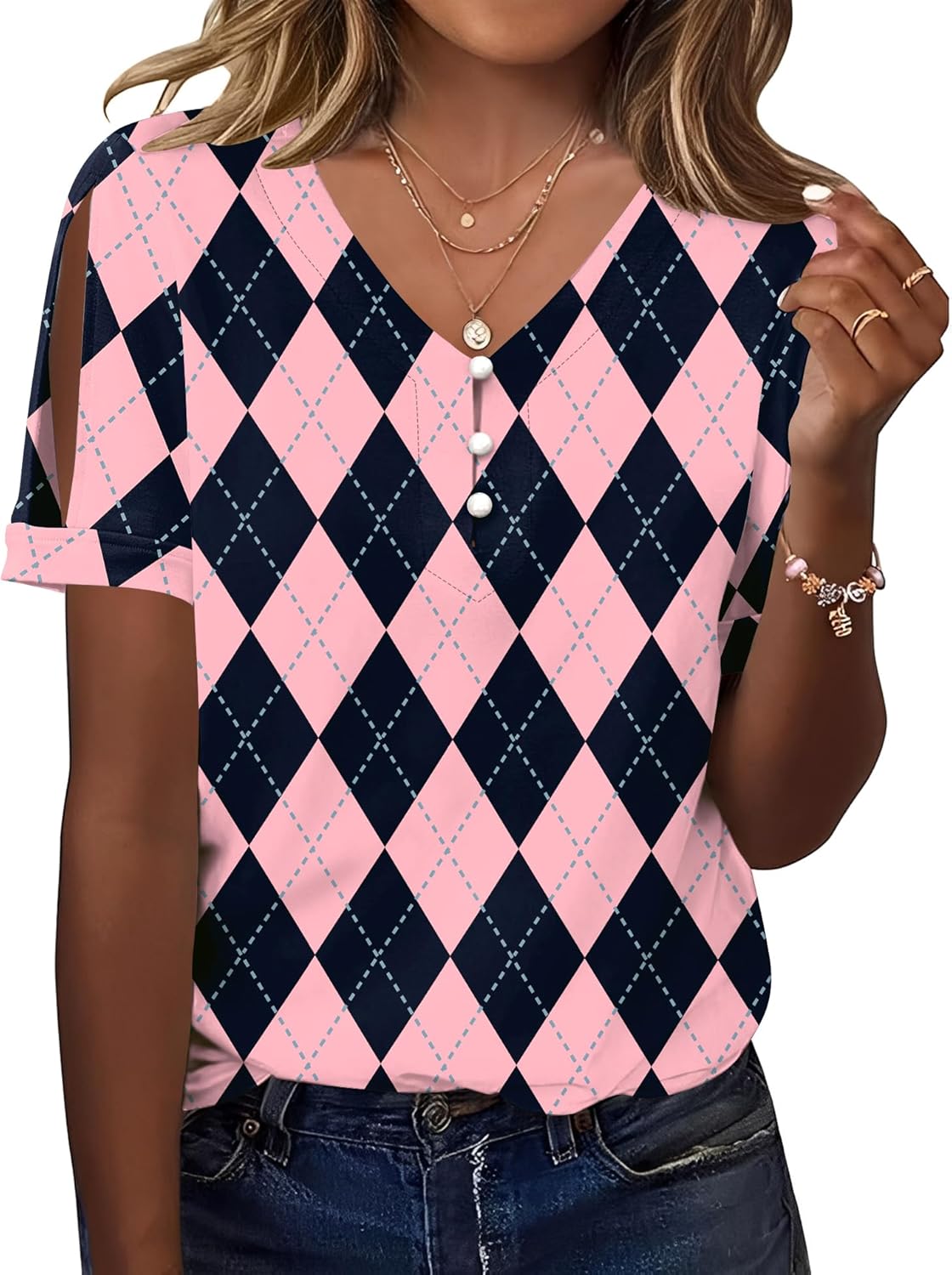 TCOT Women's Short Sleeve Tops Summer Cold Shoulder Button V Neck Shirts Dressy Casual Blouses