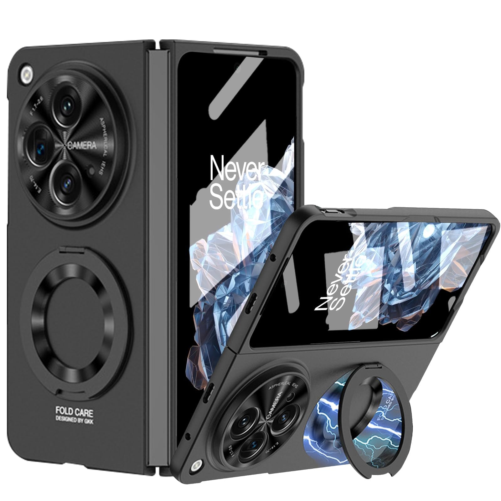 TERRIFICase for OnePlus Open 2023 with Magnetic Ring Holder - Slim, Hard PC Cover with Built-in Screen & Camera Protectors, Kickstand Feature, One Plus Open Cover, Black