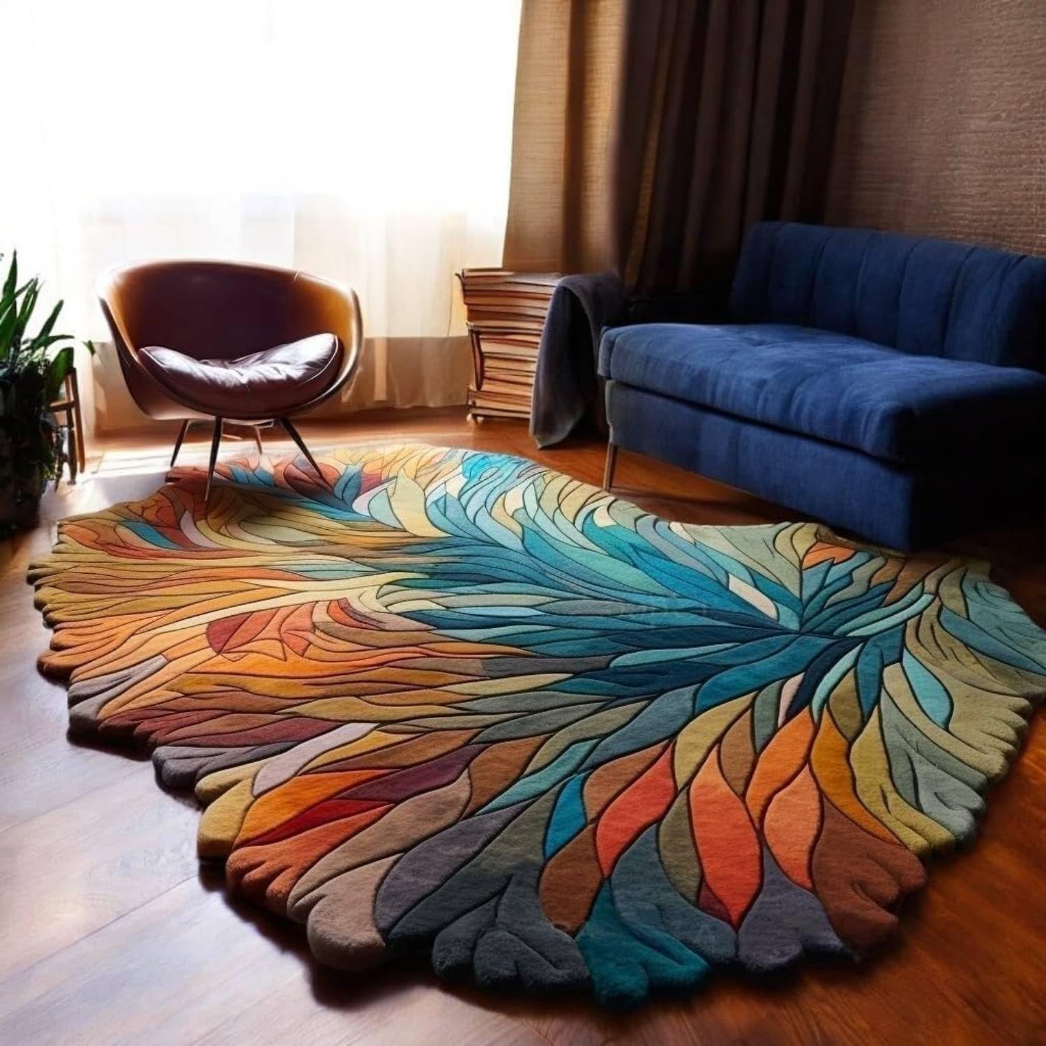 Crafted with Care: Premium Hand-Tufted Wool Carpets Irregular Shaped Botanical Design Handmade Area Rugs, Living Room, Bedroom Rust,Beige Color Size 3x5 feet (90x150cm)-image-37