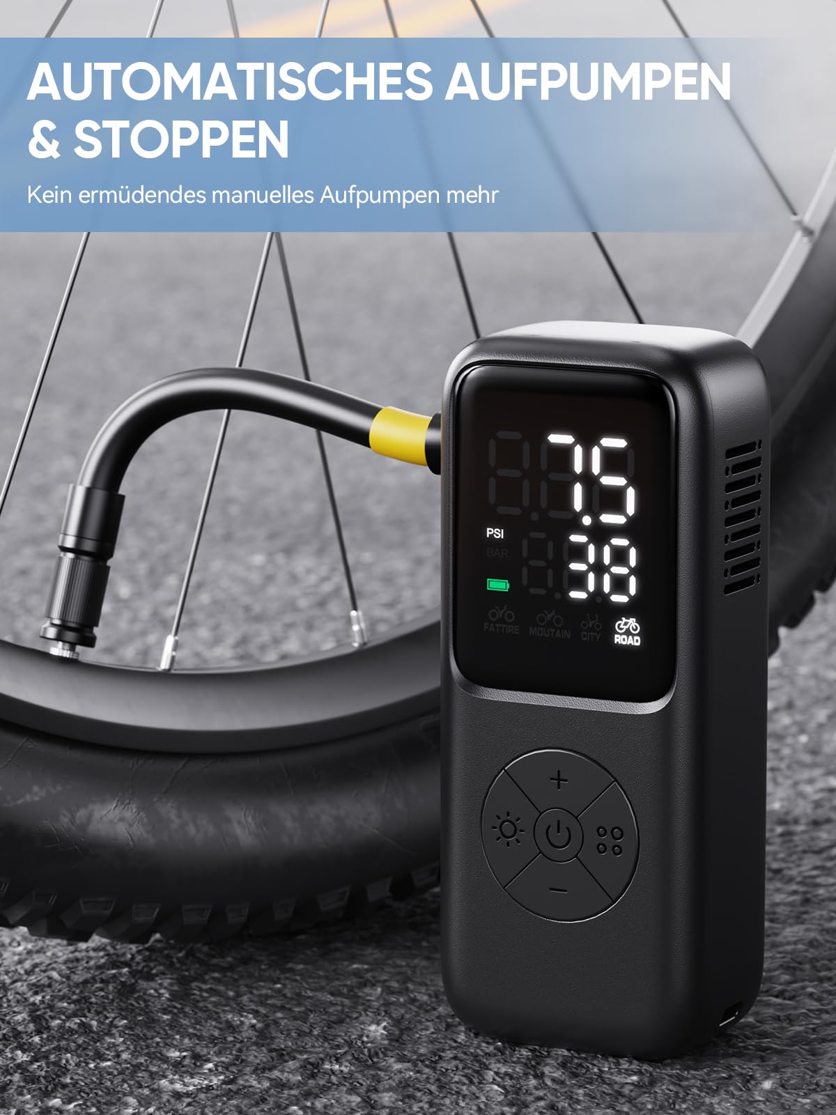 GPUTEK Mini Fahrradpumpe Elektrisch, 120 PSI mit Manometer | 5 voreingestellten Modi für Schrader- und Presta-Ventil Fahrrad-Reifenpumpe für Straße, Berg, Stadt Fahrrad und fette Reifen