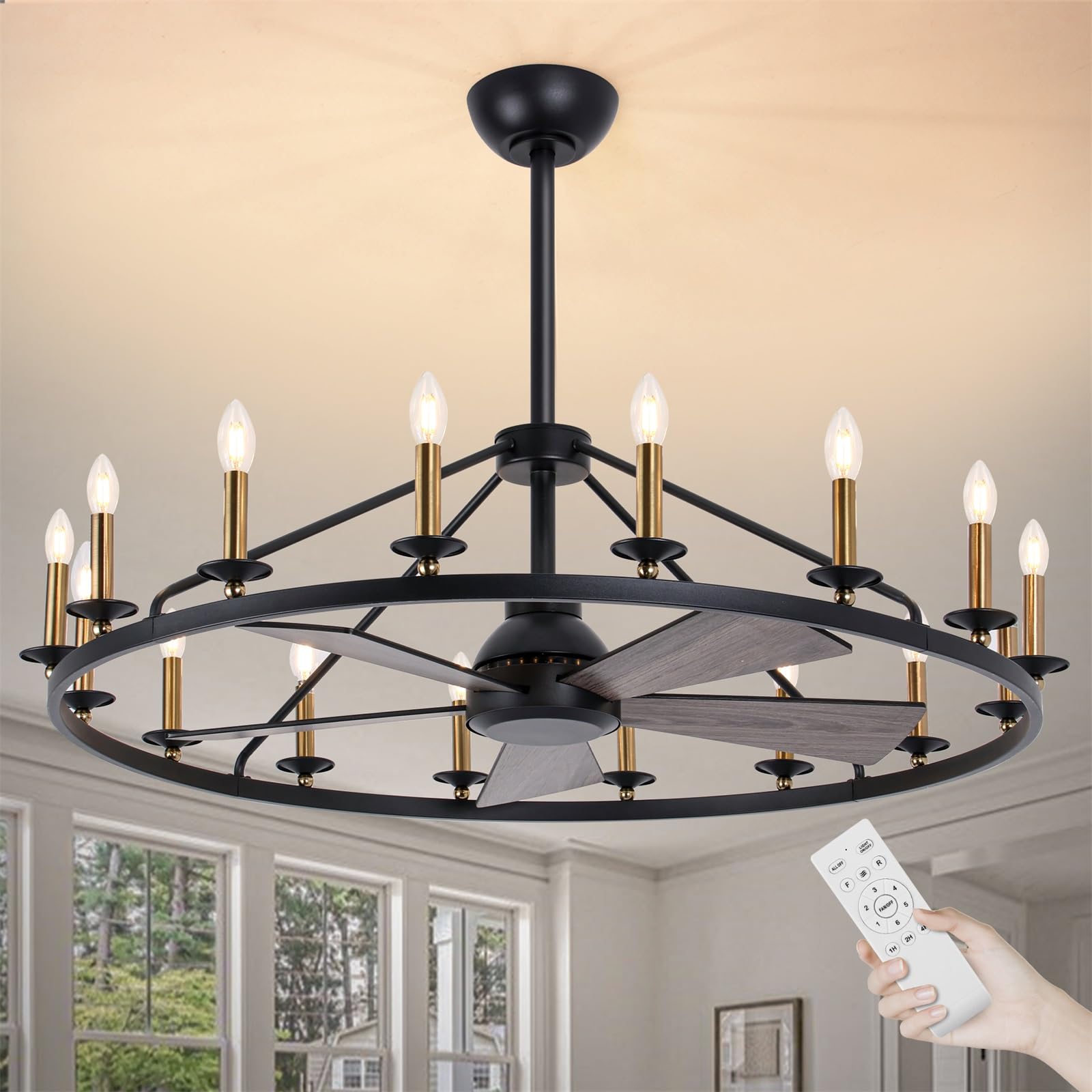 44" black+gold wagon wheel chandelier with fans, farmhouse ceiling fan with 16-lights and remote, adjustable height, rustic chandelier for living room bedroom, 6-speed reversible large fandelier