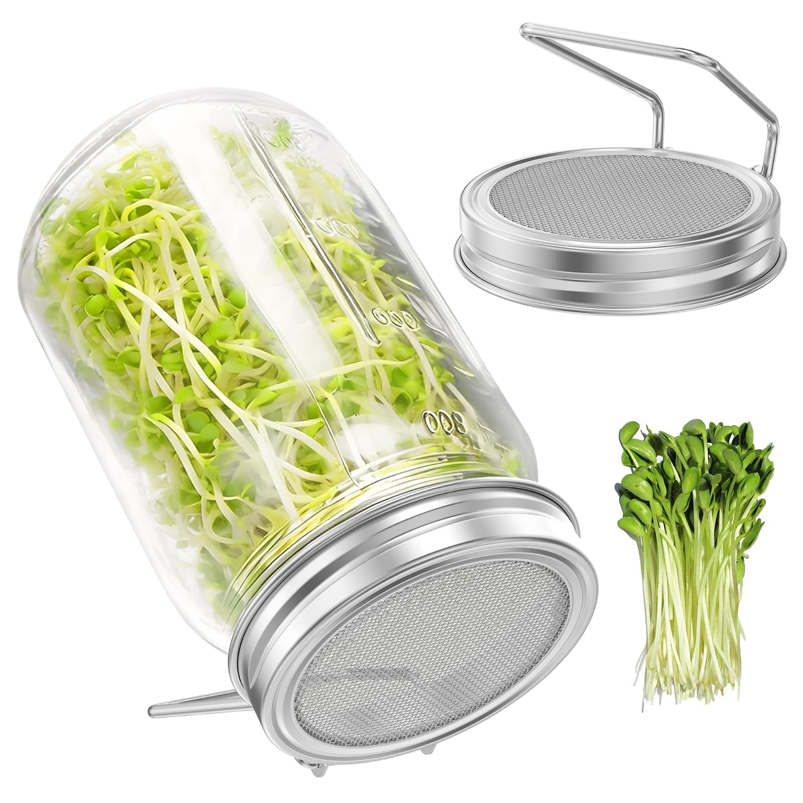 2Pcs Stainless Steel Sprouting Lids for Wide Mouth Mason Jars Reusable Fine Mesh Strainer Lids with Stand for Easy Drainage Seed Germination Lid Kit for Growing Alfalfa Broccoli Mung Bean at Home