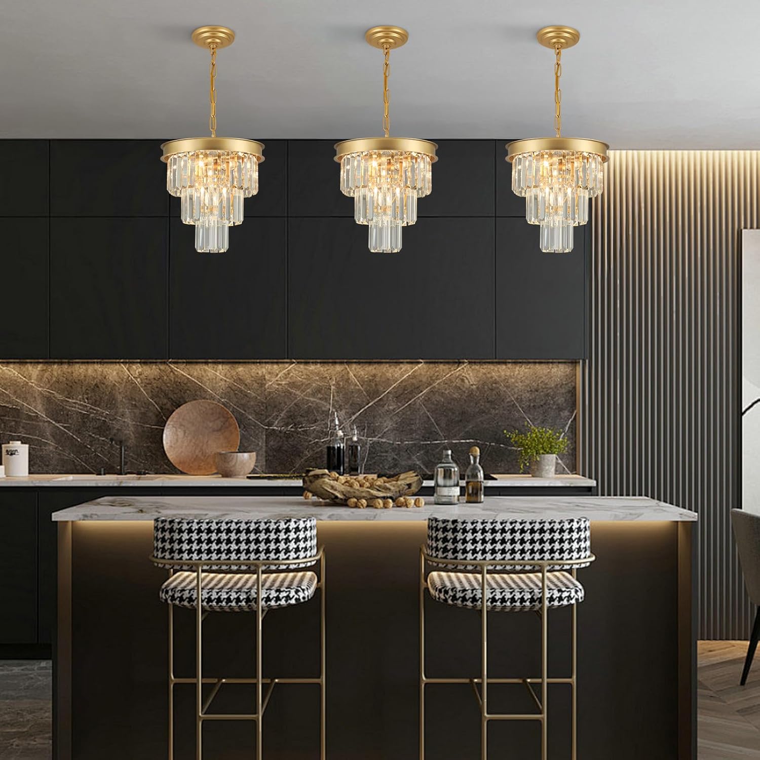 Weesalife Crystal Chandeliers for Dining Room Light Fixtures Over Table，4-Lights Modern Gold Crystal Pendant Lighting Fixture，3 Tiers Small Chandeliers for Kitchen Island Bedroom Entryway D12 Inch