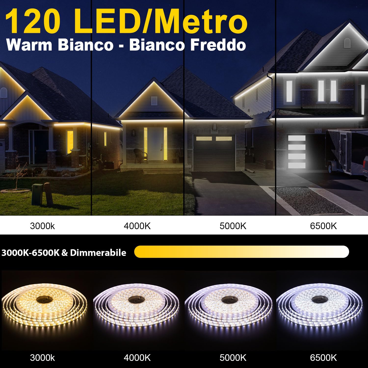 Striscia Led 30M Esterno IP67 Impermeabile Da Bianco Caldo a Bianco Freddo, Striscia Led Alexa Dimmerabile 24v Bianca senza fili, Striscia Led Alta Luminosità Adesive Per Luci Esterne, Cucina