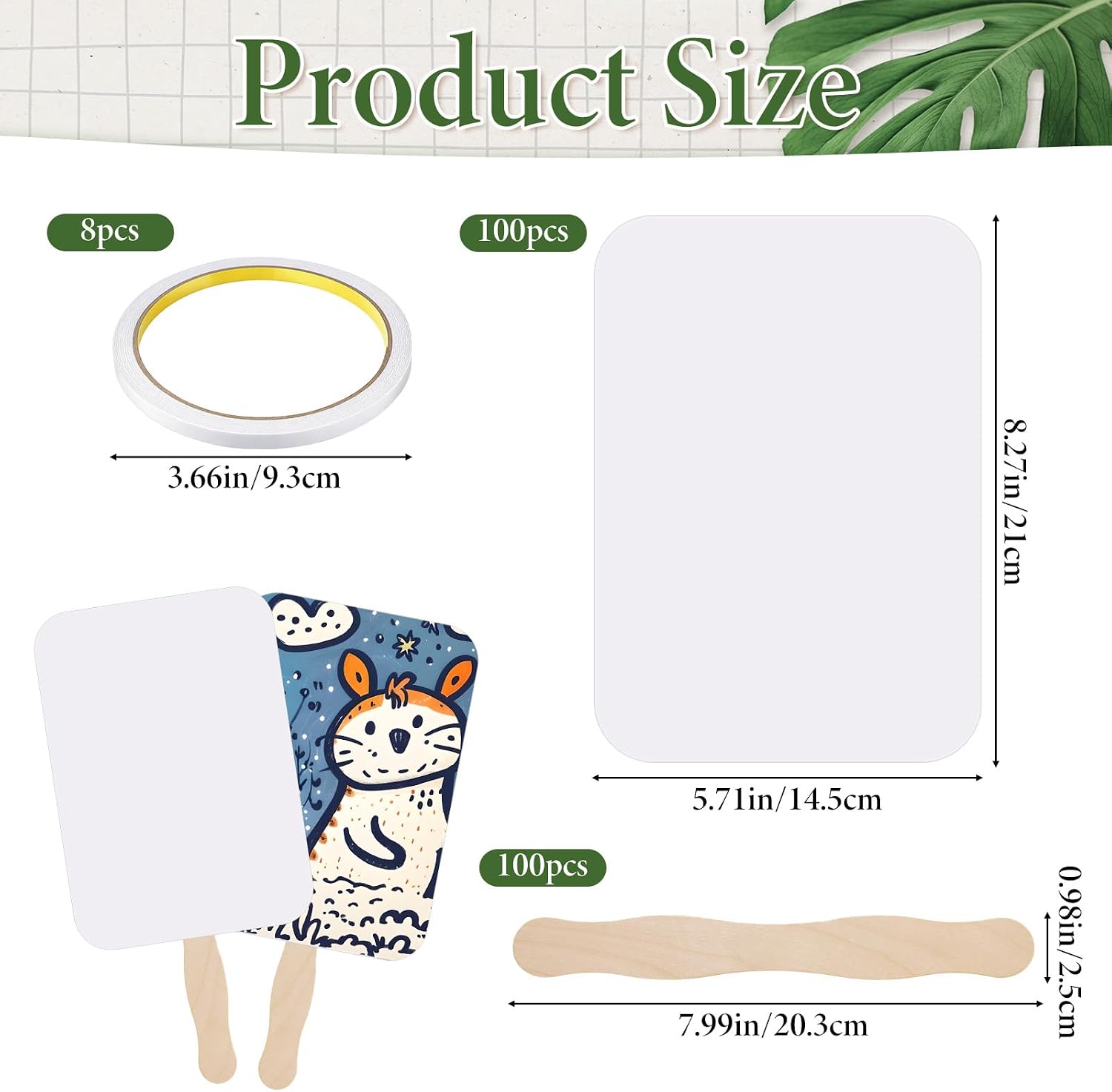 100 Sets Church Fans Handheld Set DIY Blank Fans to Decorate with 100 Wavy Wooden Sticks & Tape Paper Paddle Fan for DIY Crafting Painting Custom Fan