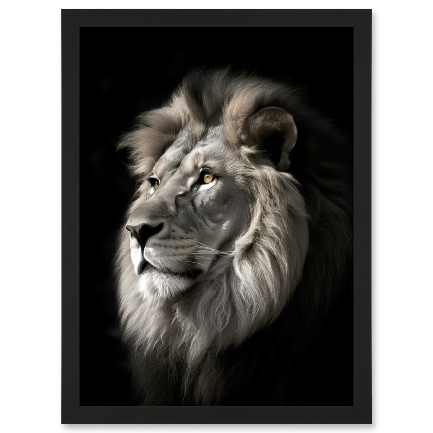 Artery8 Lion Head Portrait Dramatic Photograph Strong Leo Dark Atmospheric Light Artwork Framed Wall Art Print A4