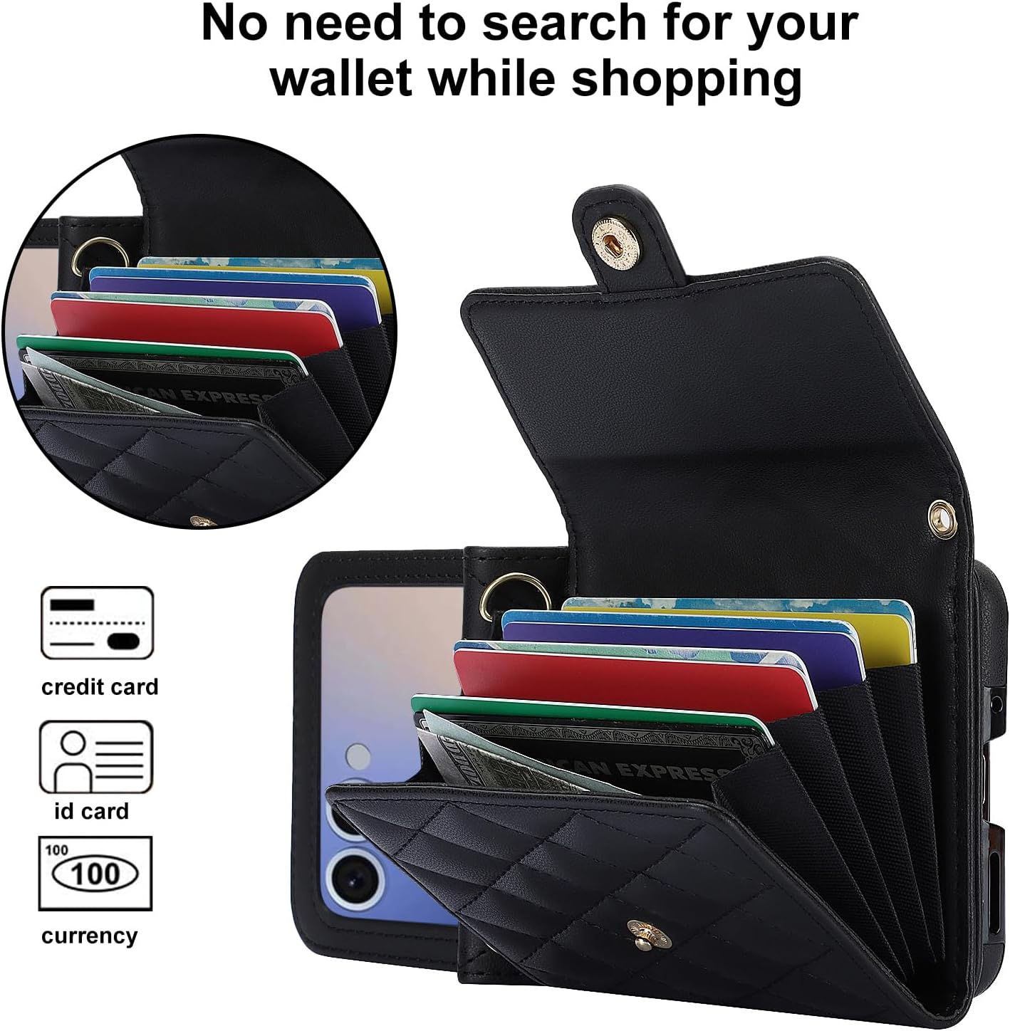 for Samsung Galaxy Z Flip 7 Accordion Crossbody Wallet Case, 4 Card Slots, RFID Blocking, and Adjustable Strap - Stylish and Versatile Accessory.(Black)