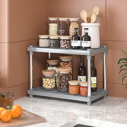 Miniatura 7 de Estante organizador de baño gris de 2 niveles, estantes de encimera de cocina, estante de especias, organizador de estante de almacenamiento de
