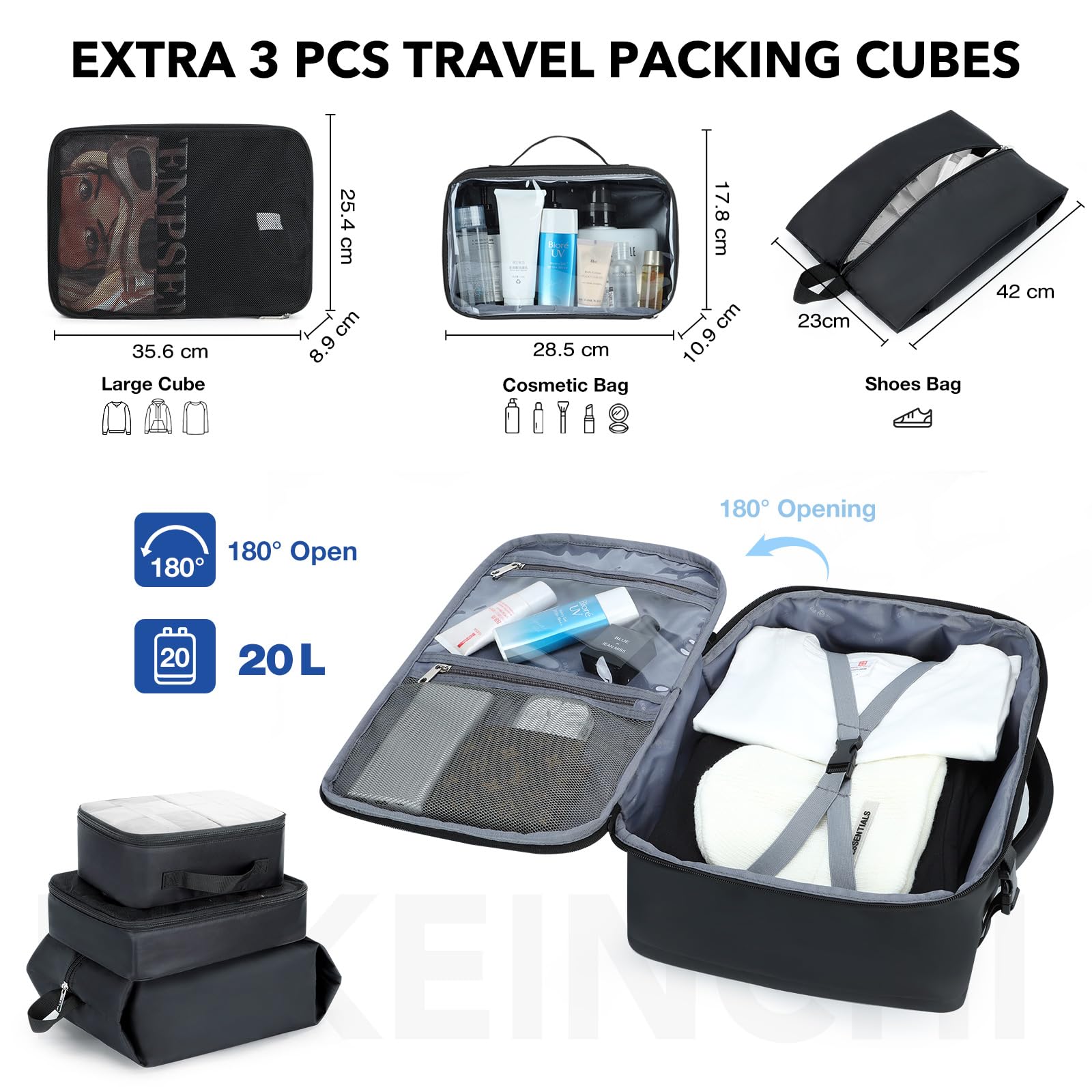 Lekeinchi Zaino per Ryanair 40x20x25 (20L), Zaino da Viaggio Aereo Bagaglio a Mano, Borsa da Cabina con 3 Borse Organizer, Zaini Casual per Scuola Affari - Nero