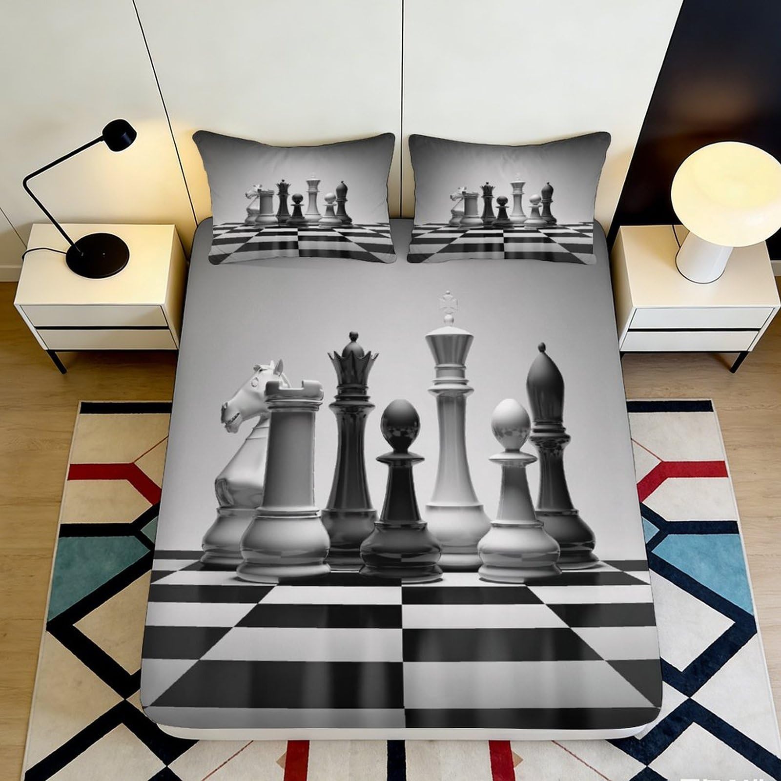 3D Printed Chess Board Fitted Sheet Microfiber Soft Breathable Chess Pieces Bed Cover for Bedroom Guest Room Decor 90x200x25cm