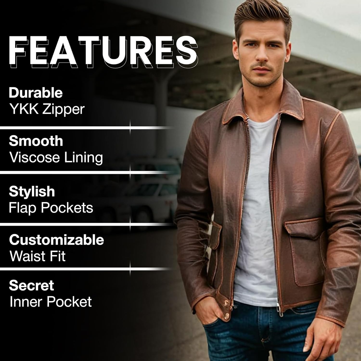 STOREJEES Brown Leather Jacket Men - Vintage Collar Distressed Style Mens Leather Motorcycle Jacket - Image 2