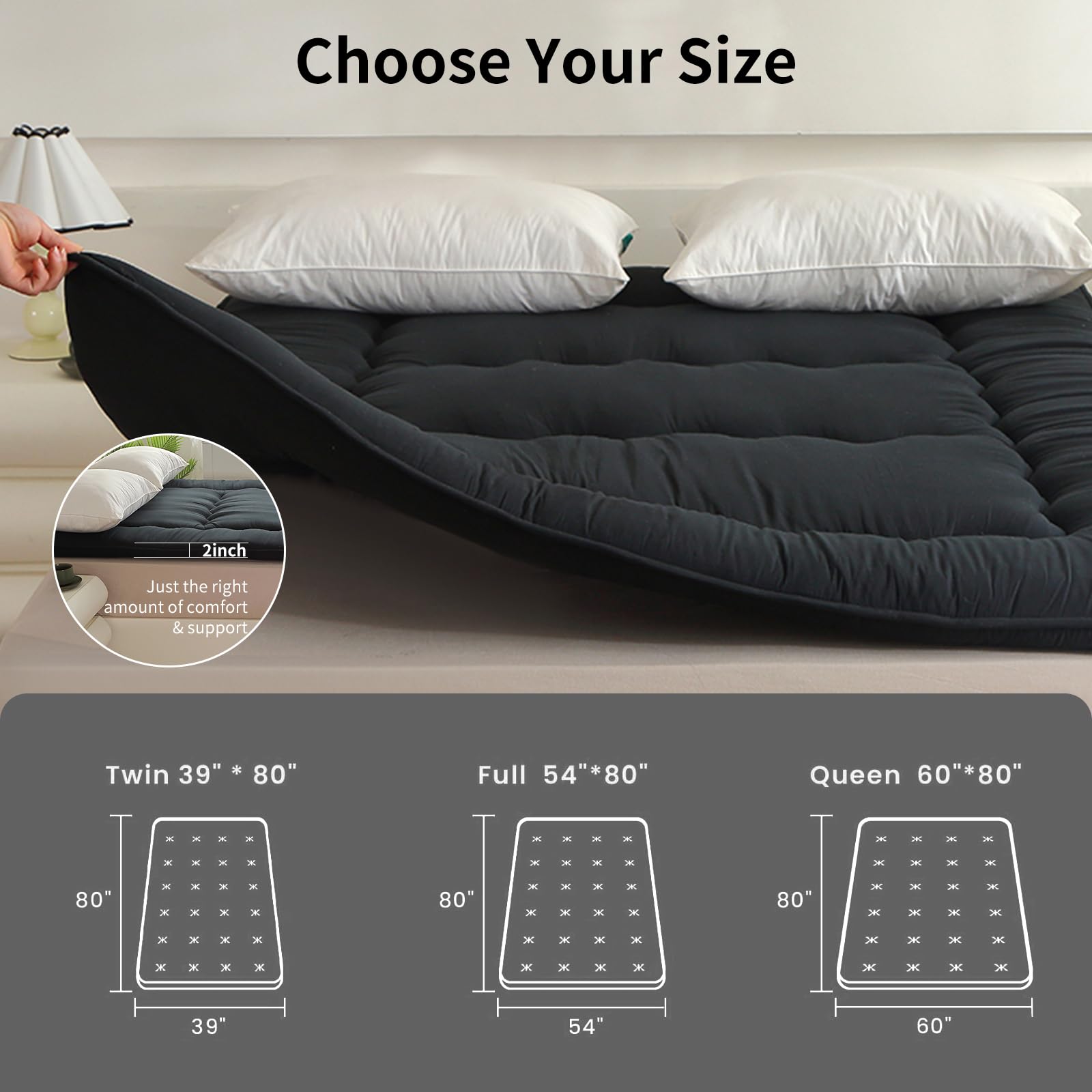 Colchón futón, colchón japonés, cama de suelo japonesa, cama de tatami plegable, colchón enrollable para habitación de invitados, dormitorio (azul marino, colchón queen (152 x 203 cm)