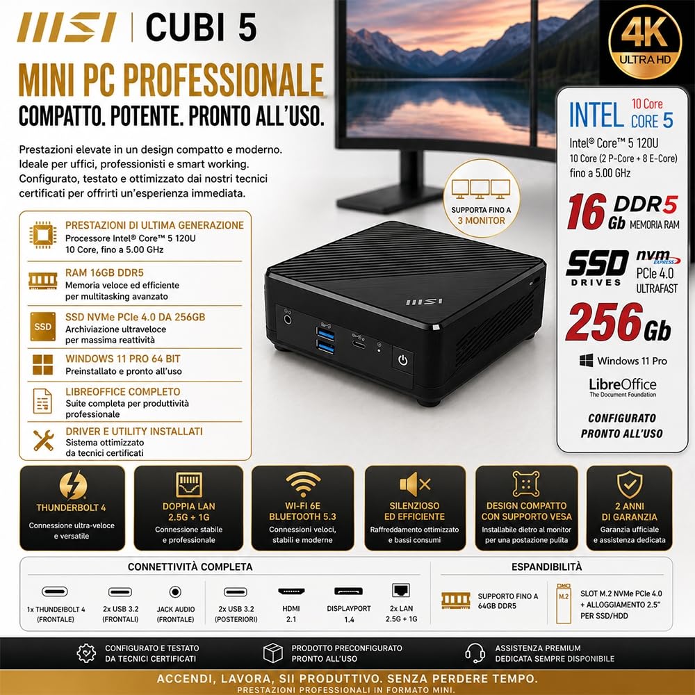 msi Cubi 5 Mini PC Fanless Intel Core 5 120U 16GB DDR5 SSD 256GB PCIe | Fino a 5GHz, Wi-Fi e Bluetooth, Doppia LAN, HDMI, USB-C, DisplayPort, Supporto 2 monitor, preconfigurato. Garanzia Italia