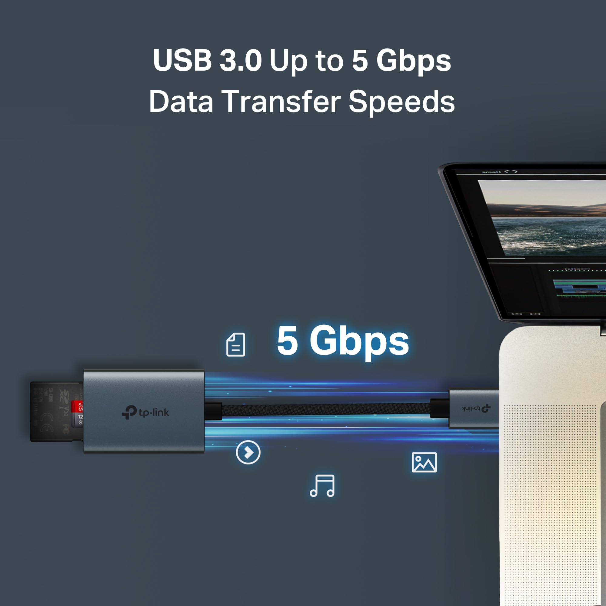 TP-Link Czytnik kart USB 3.0 SD i microSD (UA430) – podwójne gniazdo, 200 MB/s, Plug & Play, stop aluminium, pleciony kabel, kompatybilny z Windows, macOS, iPadOS, ChromeOS, Android