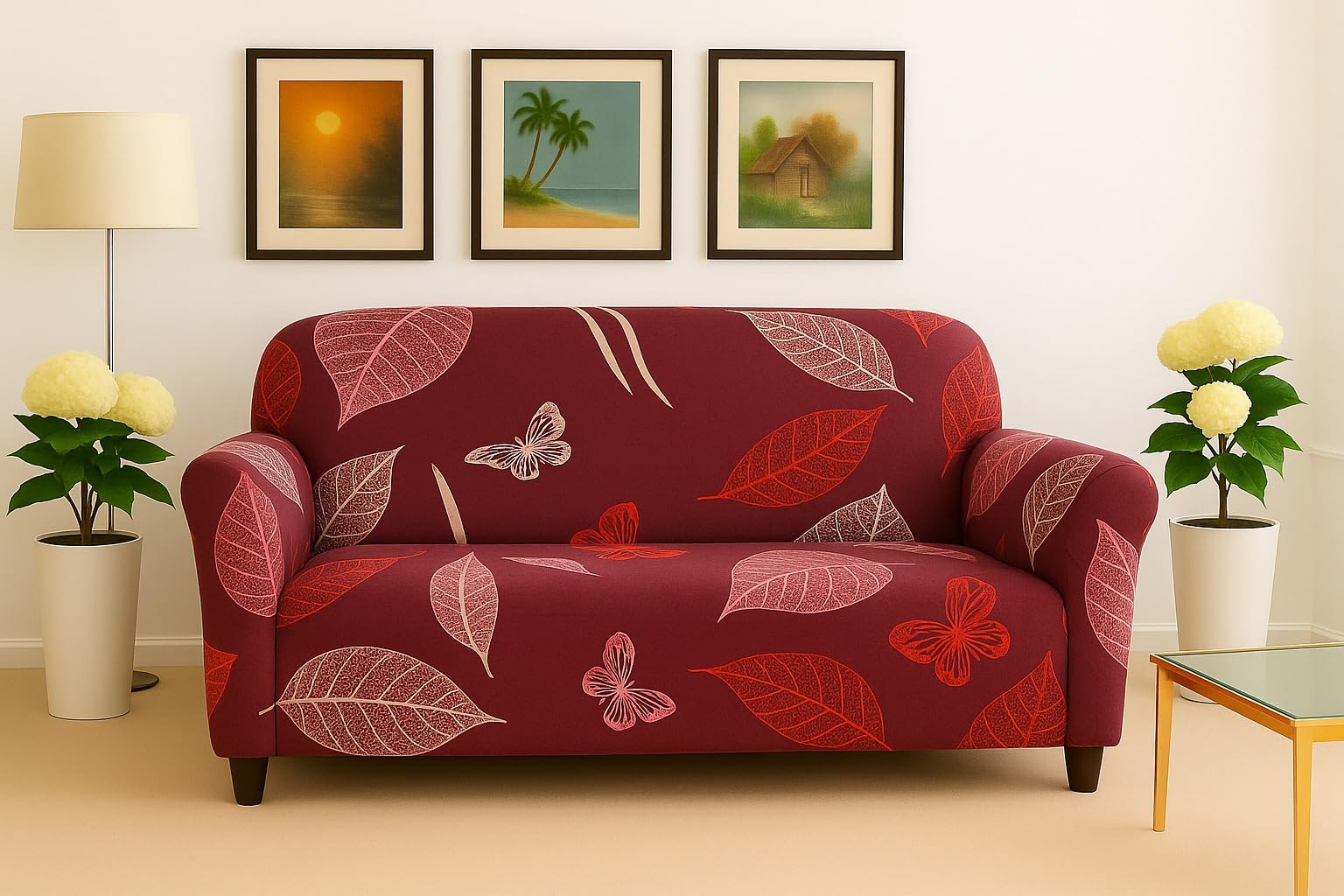 Homerz Premium 2 Seater Universal Elastic fit Sofa Cover Fully Covered, Non-Slip Sticky Elastic Stretchable Sofa Set Slipcover Protector (Maroon Leaf, 2 Seater)