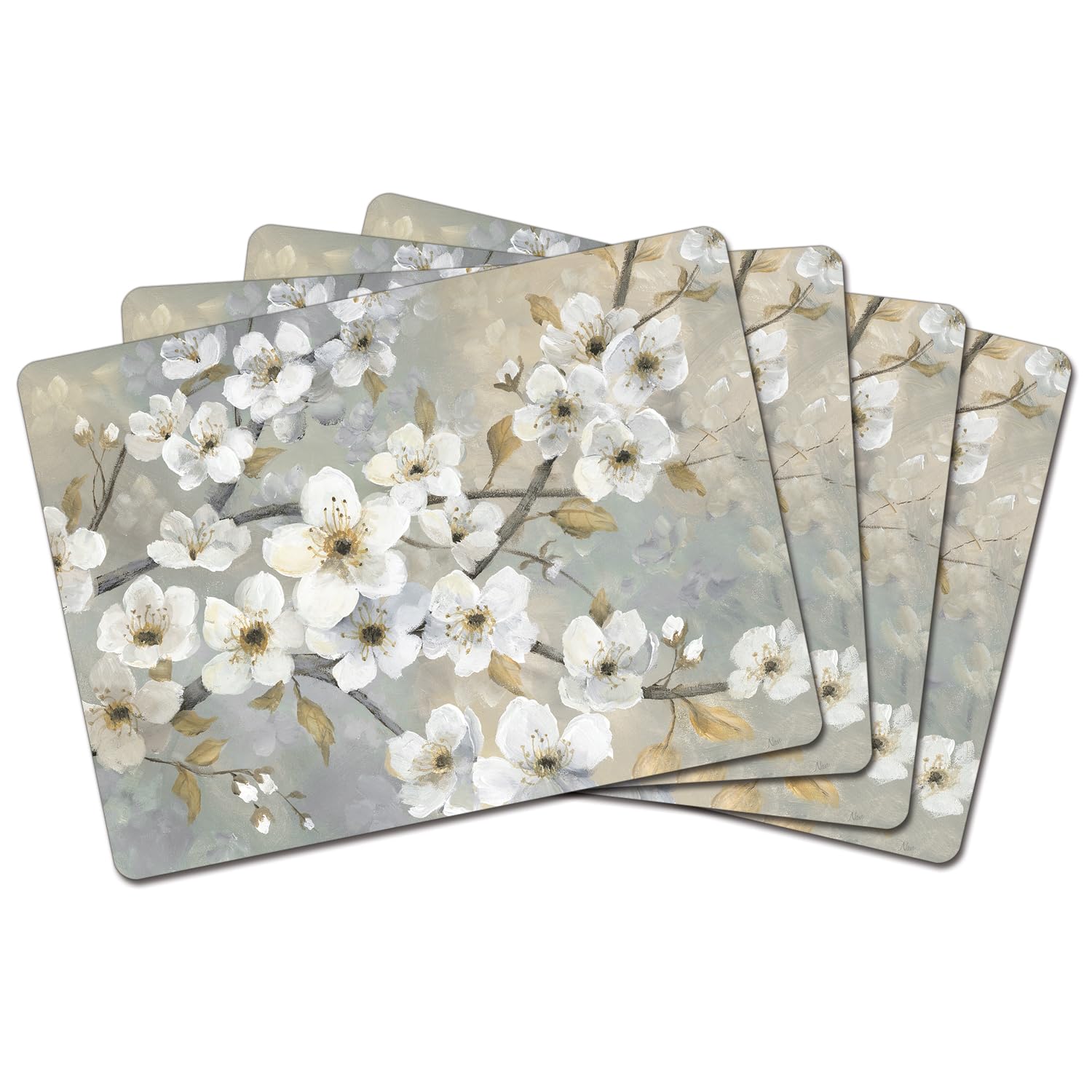 White Blossoms Premium Decorative Hardboard Tabletop Placemats 4 Pack Manufactured in The USA Artistic Easily Wipes Clean
