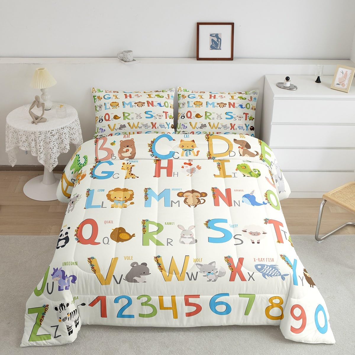 Feelyou English Alphabet Comforter Cute Animals Comforter Set for Boys Girls Bedding Number Colorful Comforter Set Set Room Decor Twin Size Duvet Set 2Pcs Boys with 1 Pillow Case