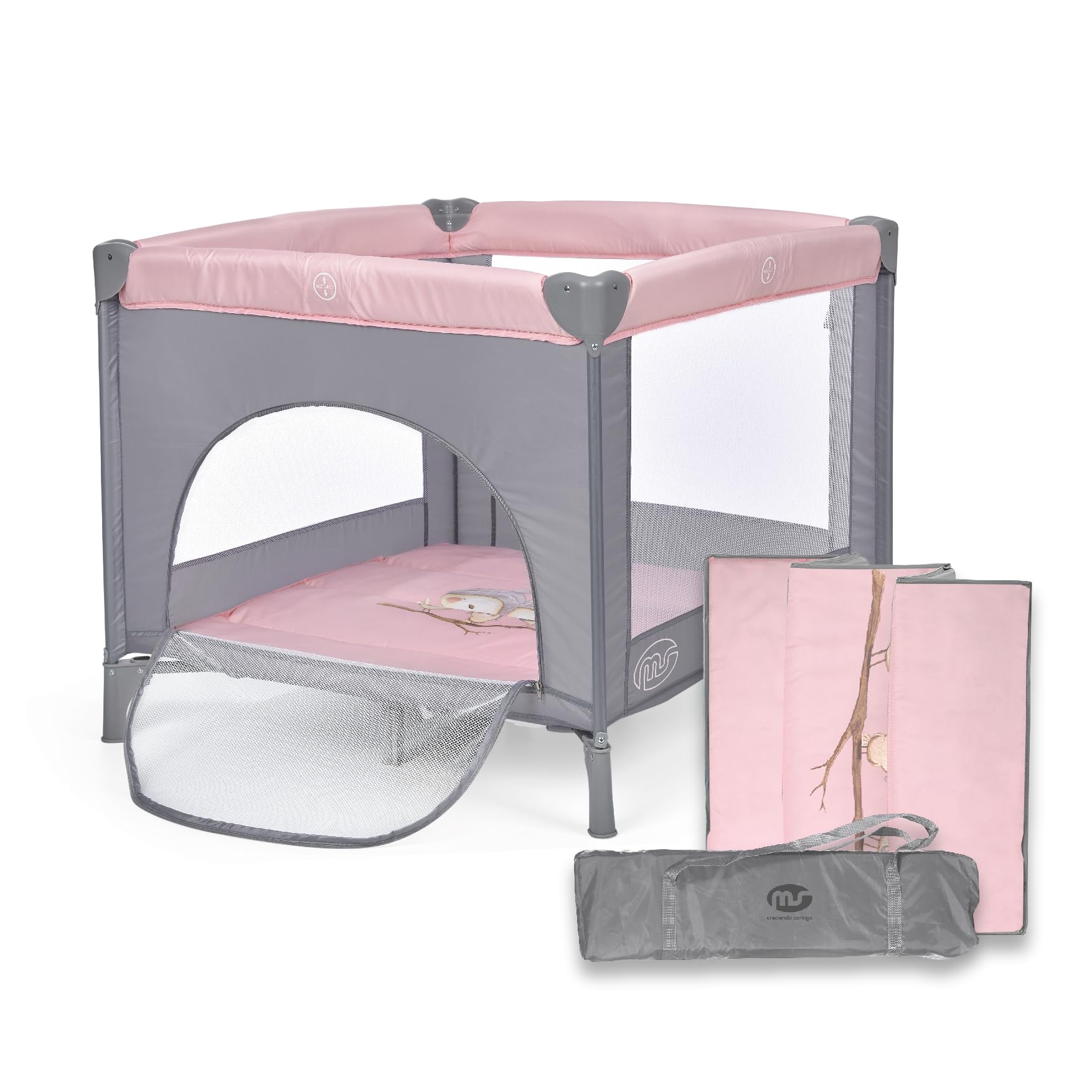 MS 830112- Parque de Juegos para Bebe 3 Piezas 93 X 93, Incluido Colchóncito Y Bolsa De Transporte, De 0 Meses hasta 15 Kg, Plegado Y Montaje Fácil, Estructura Ligera Y Muy Estable, Rosa
