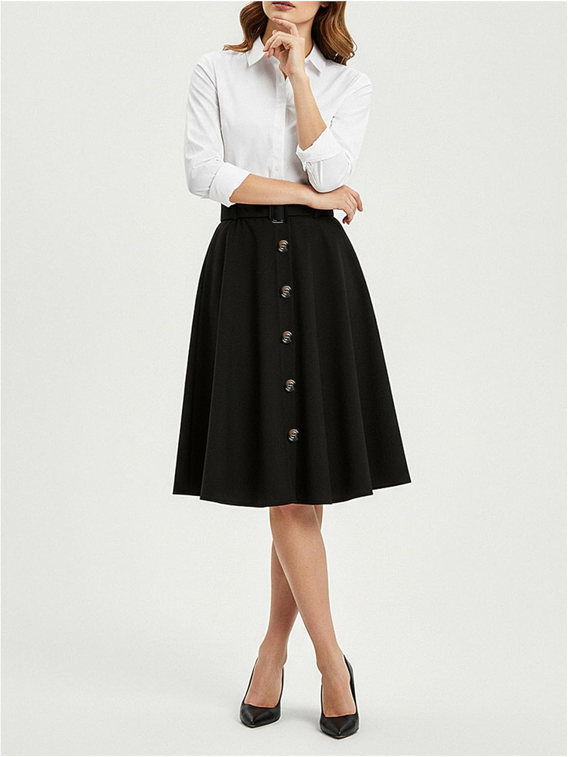 Women's Vintage Button Front A Line Skirt Belted High Waisted Knee Length Flowy Work Skirts - Image 4