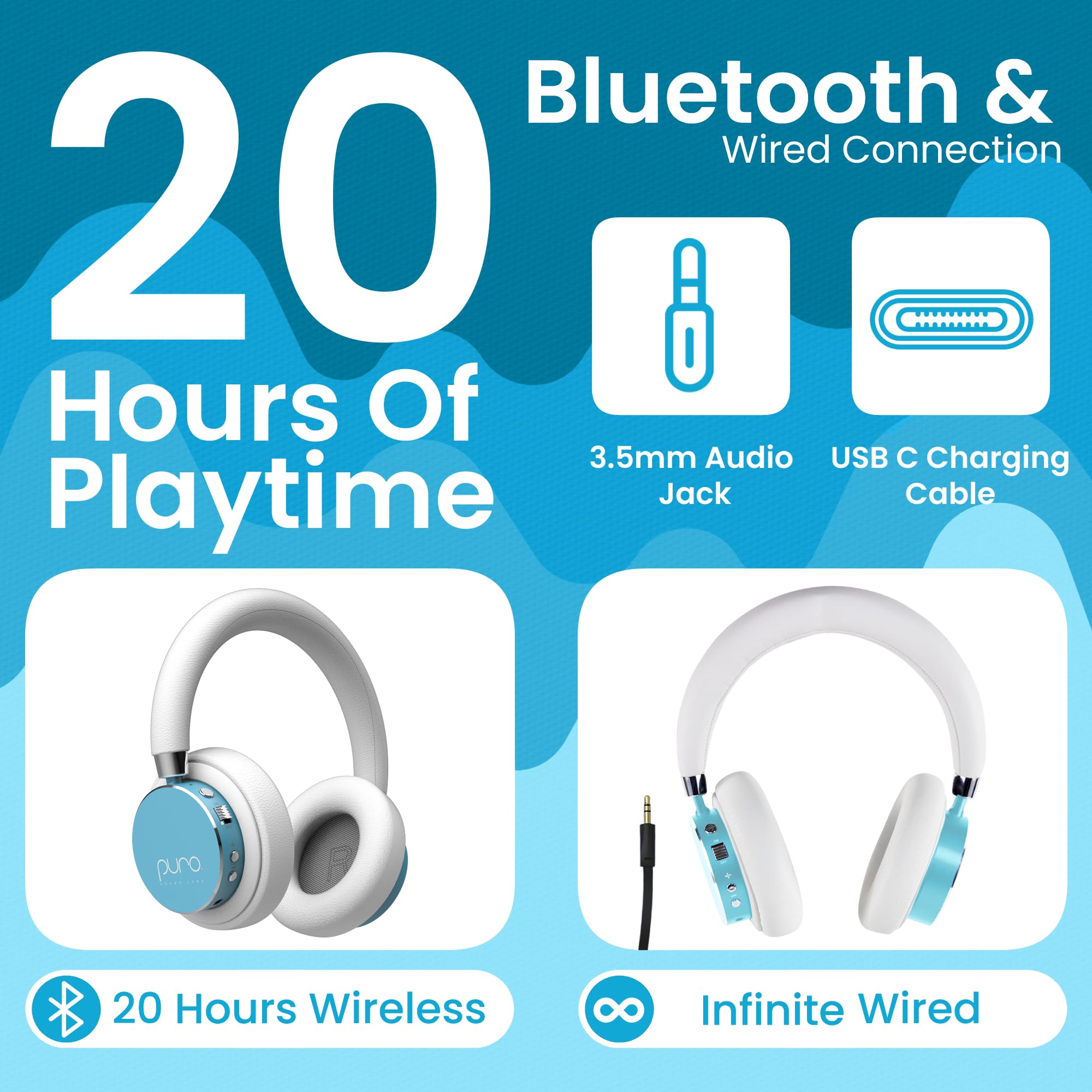 Puro Sound Labs BT2200 Plus Kids Bluetooth Kopfhörer - Lautstärkebegrenzung 85dB, Studio-Grade Audio, Over-Ear & Comfy Design, 20 Stunden Akkulaufzeit, einfach zu verbindende kabellose Kopfhörer für