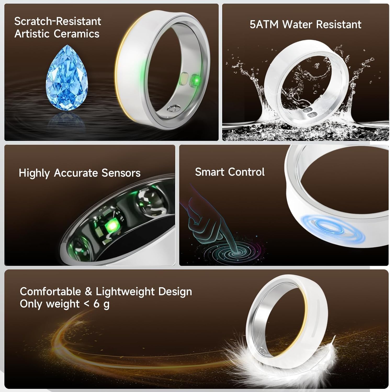 Smart Ring for Women & Men, Fitness & Activity Tracker, Sleep Monitoring, 7-Day Battery Life, 5ATM Waterproof, No Subscription Fee, iOS & Android Compatible (White, 9)