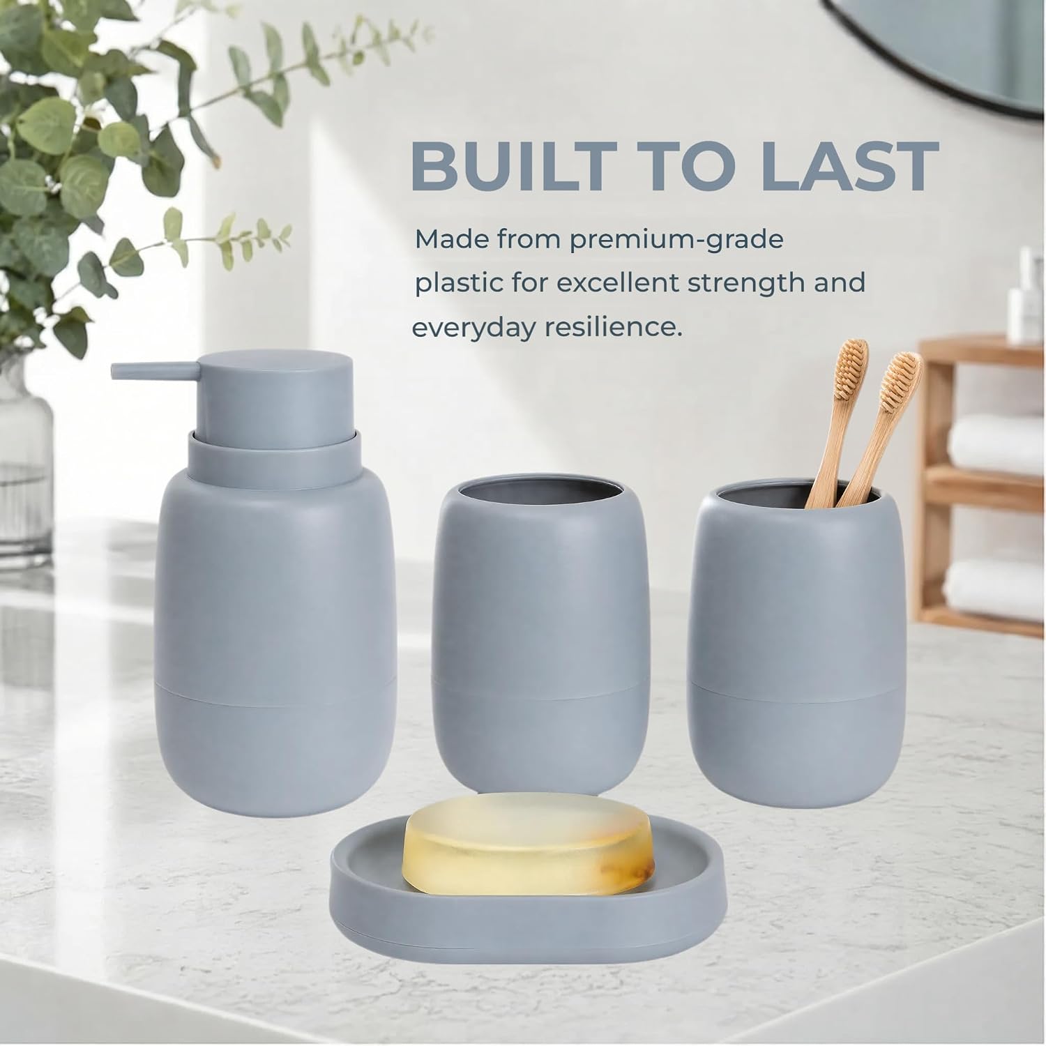 4 Pcs Bathroom Accessory Set Complete Bath Ensemble with 18 oz Soap Dispenser Tumbler Soap Dish Modern Decor Vanity Countertop Set for Bathroom