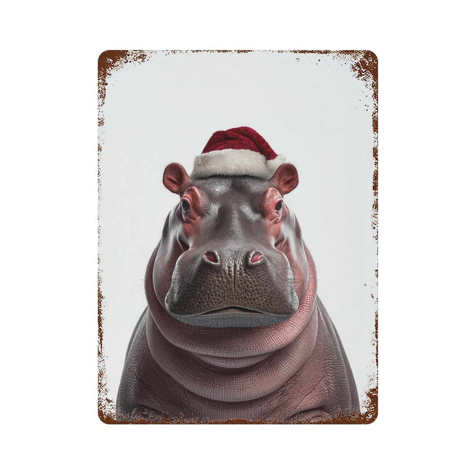 Rust Effect Hippo with Santa Hat Rusty Metal Tin Sign 15.7"x11.8", Farmhouse Wall Decor for Shed, Workshop And Garage Wall Decor