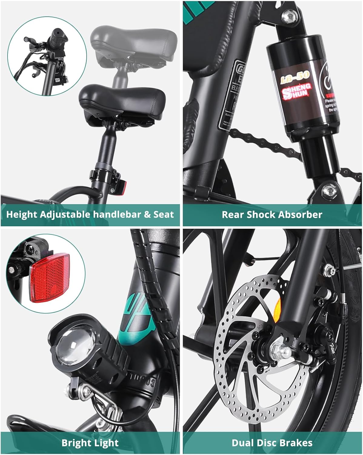 Close-up images showing the adjustable handlebar and seat, rear shock absorber, bright LED headlight, and dual disc brakes of the Gotrax electric bike.