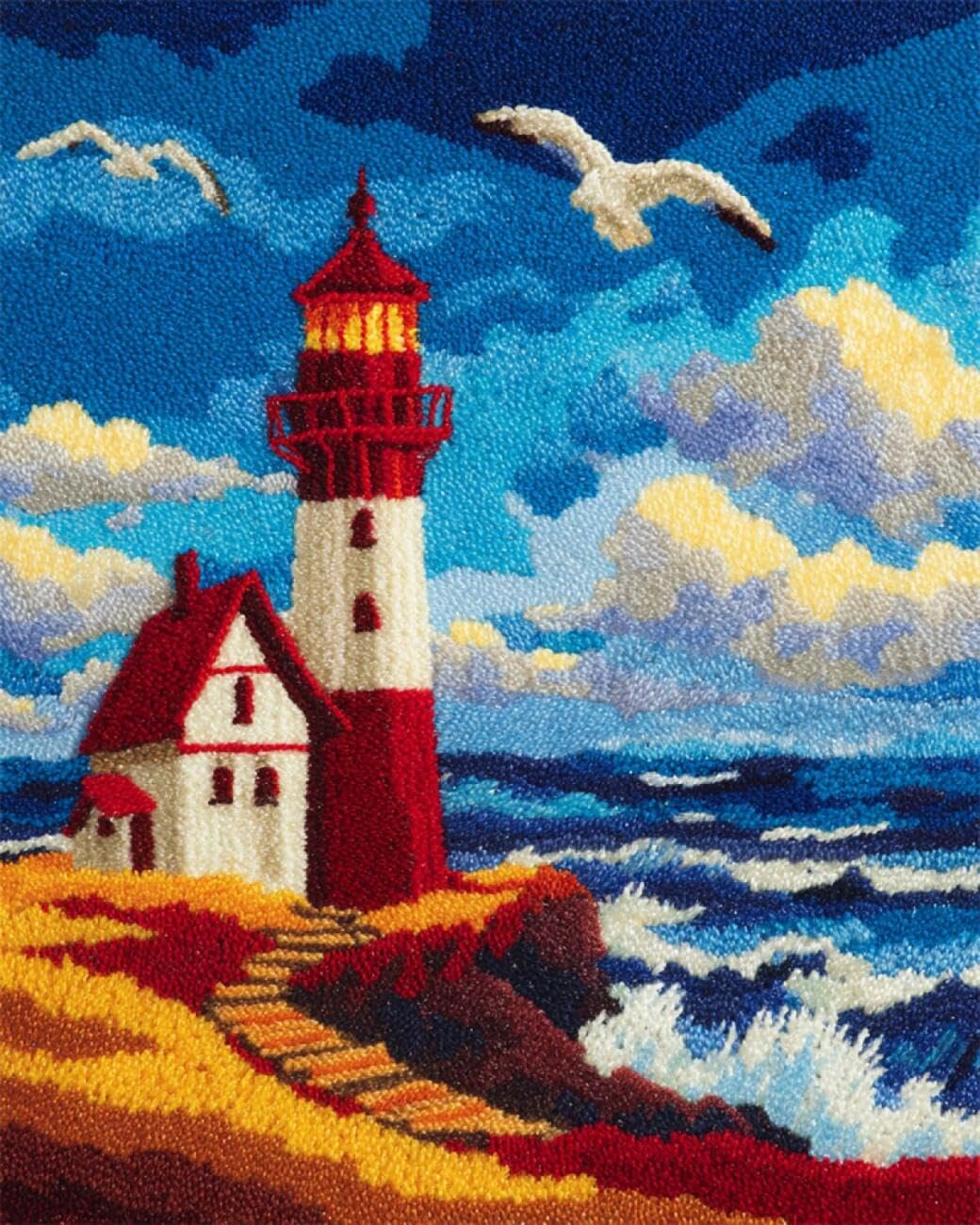 AxiangziK Landscape DIY Latch Hook Rug Kits Seaside Lighthouse Latch Hook Kits for Beginners，Seniors，3D DIY Enthusiasts Rug Making Set 20x15in