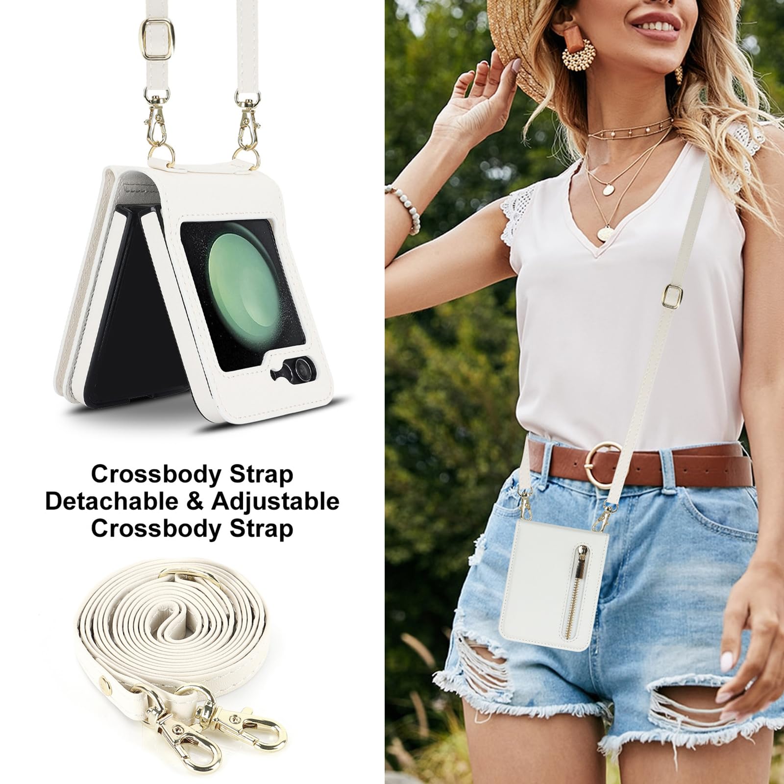 Skórzane etui do Samsung Galaxy Z Flip 6, crossbody w górę i w dół etui z klapką na zamek błyskawiczny etui na telefon z przegródką na karty, podpórka, odporne na wstrząsy, białe