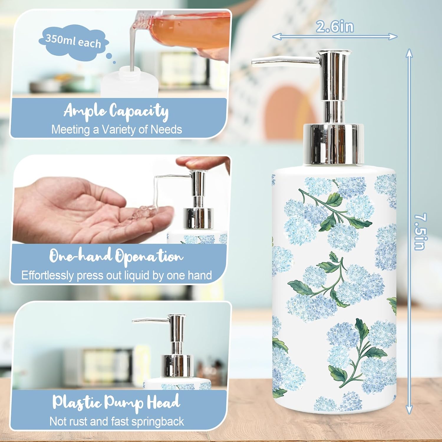 AnyDesign Blue Hydrangea Soap Dispenser Watercolor Floral Glass Dispenser with Pump Refillable Liquid Soap Container for Spring Kitchen Bathroom Countertop Decor