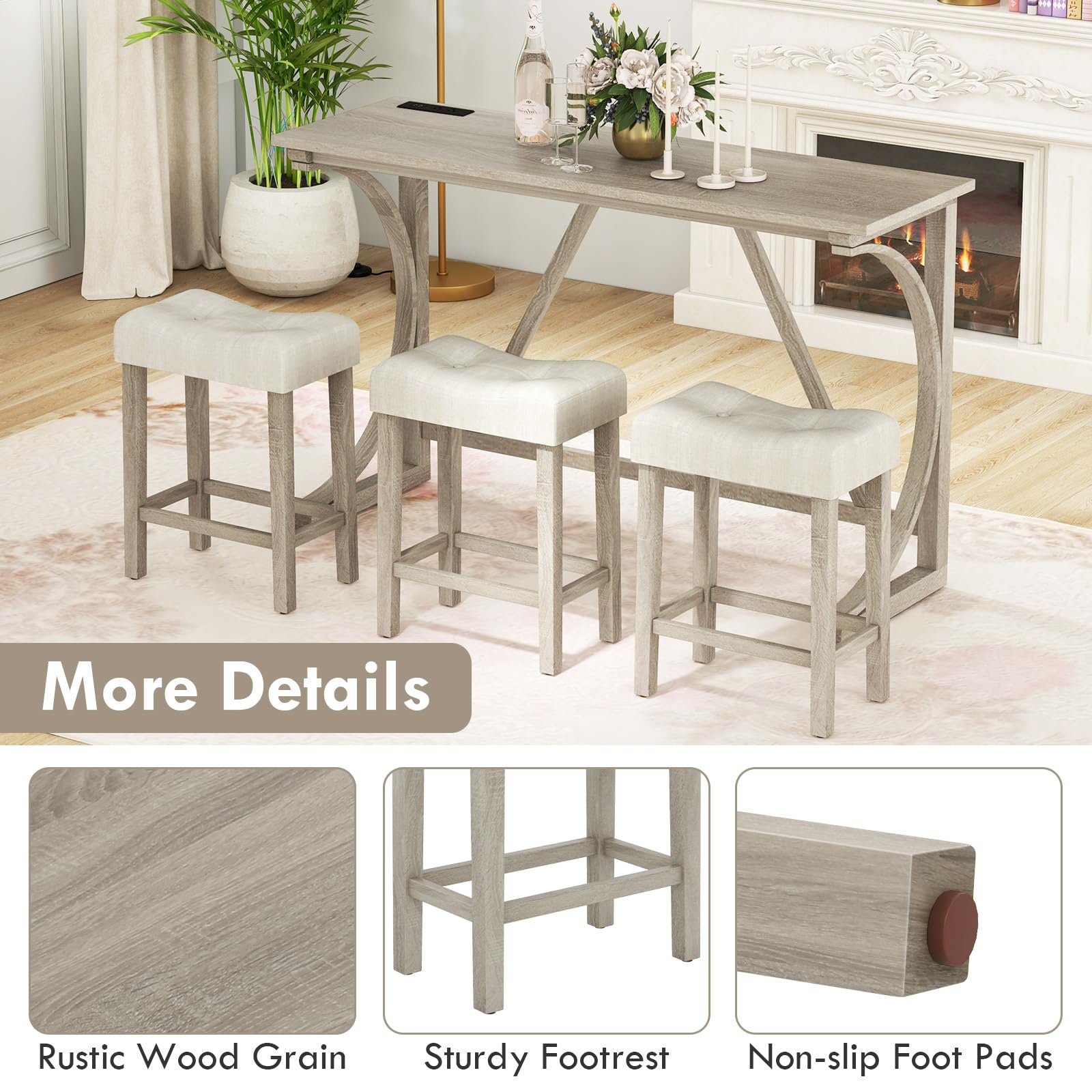 COSTWAY 4 Piece Bar Table Set with Power Outlet, Counter Height Kitchen Table and 3 Upholstered Saddle Stools Set, Dining Room Furniture for Home Restaurant Pub — view 5