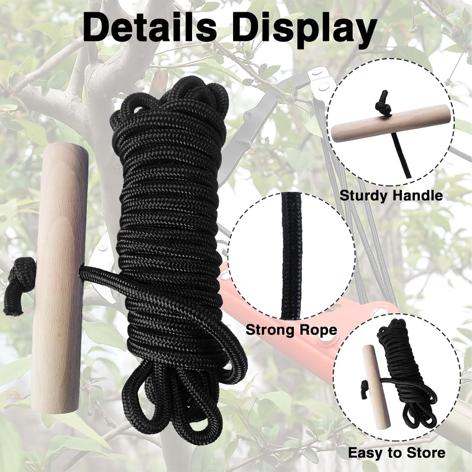 PR-20 Tree Pruner Rope Replacement Kit 20 Feet Long with Wooden Handle Compatible with Jameson Fiscar Big Mouth Manual Pole Saw Tree Pruner Diameter 0.3 inch Long Handled Tree Trimmer (Black)