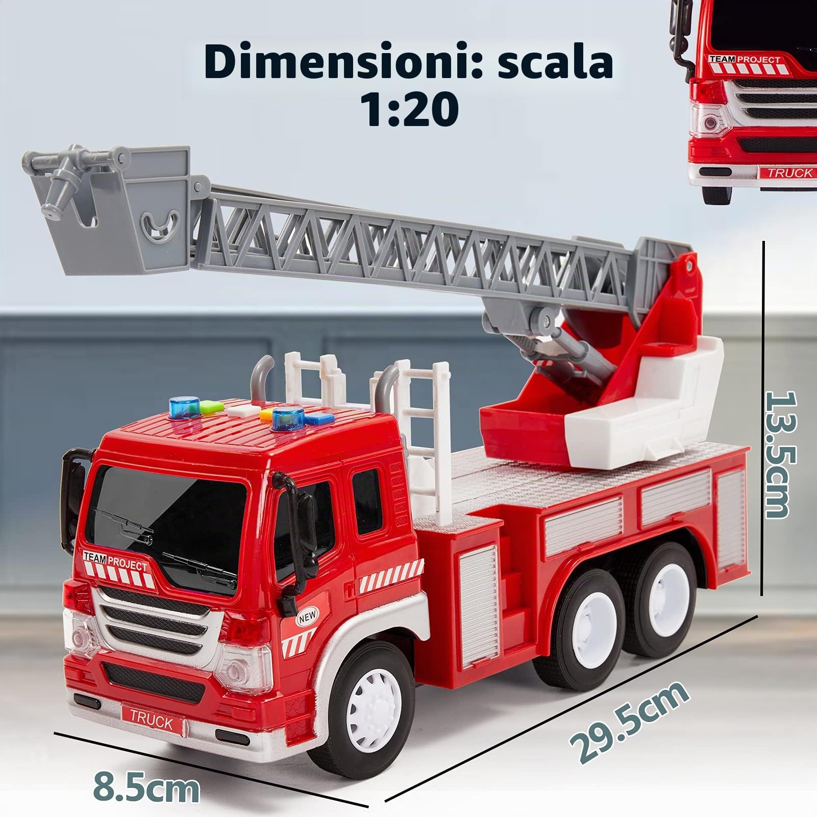HERSITY Camion Pompieri Giocattolo Grande, Giochi Vigili del Fuoco con Luci e Suoni, Scala Retrattile, 1/16 Camioncino con Macchinine per Bambini Maschio 3 4 5 Anni