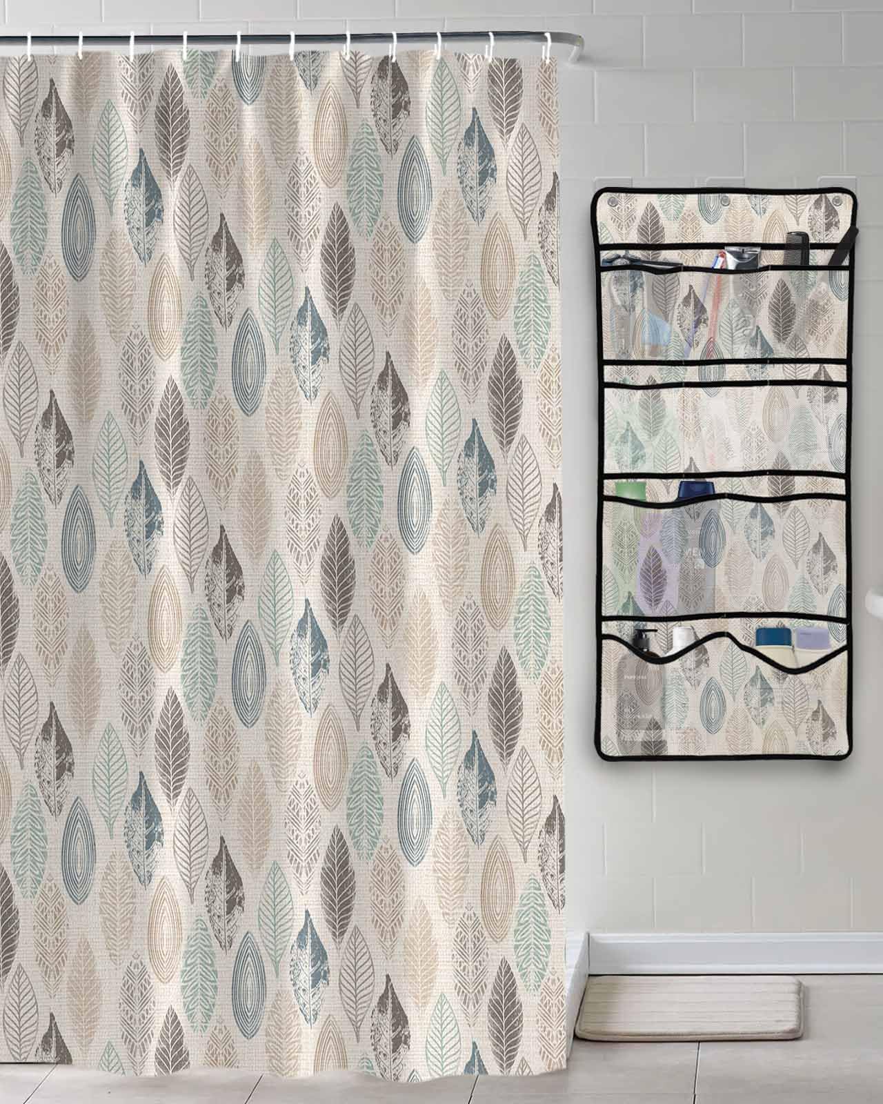 Shower Curtain Mesh Shower Organizer Hanging Set Leaves Specimens Blue Khaki Teal Grey Burlap Background Waterproof Shower Curtains