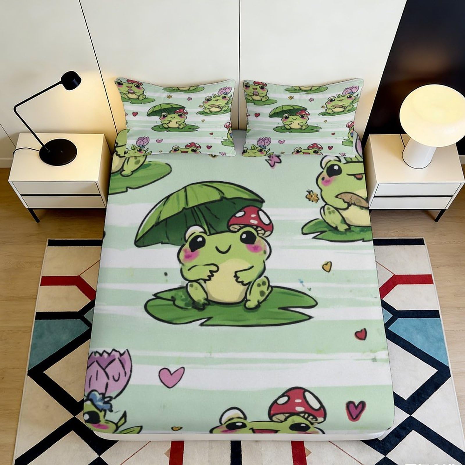 3D Printed Cute Frog Leaf Fitted Sheet Microfiber Soft Green Cartoon Mushroom Bed Cover for Bedroom Dorm Mattress Protection Decor 90x200x25cm