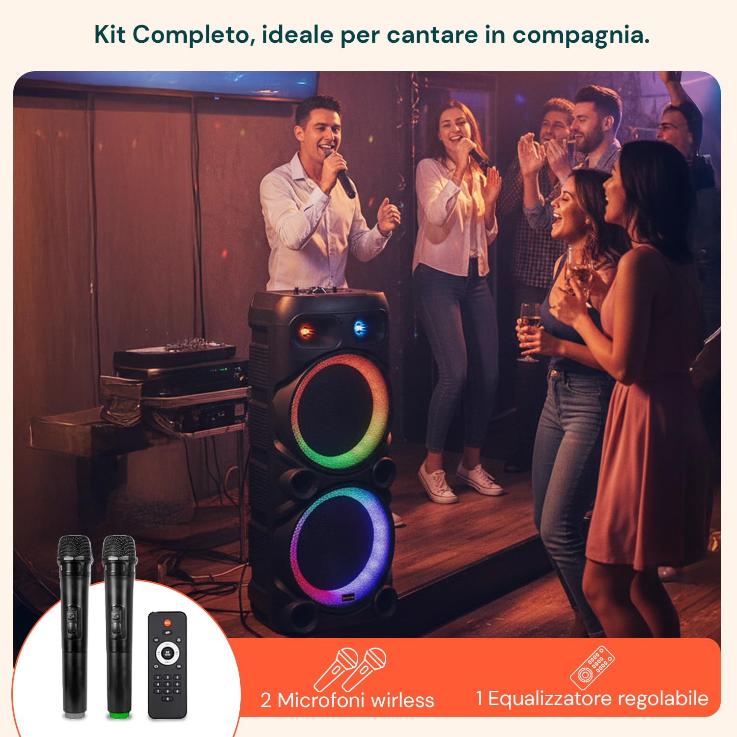 Avilia – Cassa Bluetooth 800W con Microfoni Wireless, Luci LED RGB e Telecomando | Speaker Portatile Potente per Karaoke e Feste, Batteria Ricaricabile fino a 8 Ore di Autonomia