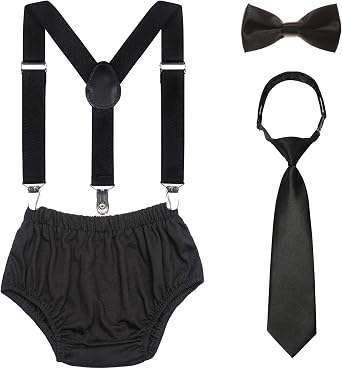Baby Boys 1st/2nd Birthday Cake Smash Outfit Set Adjustable Suspenders Ties Bloomers for Birthday Photography