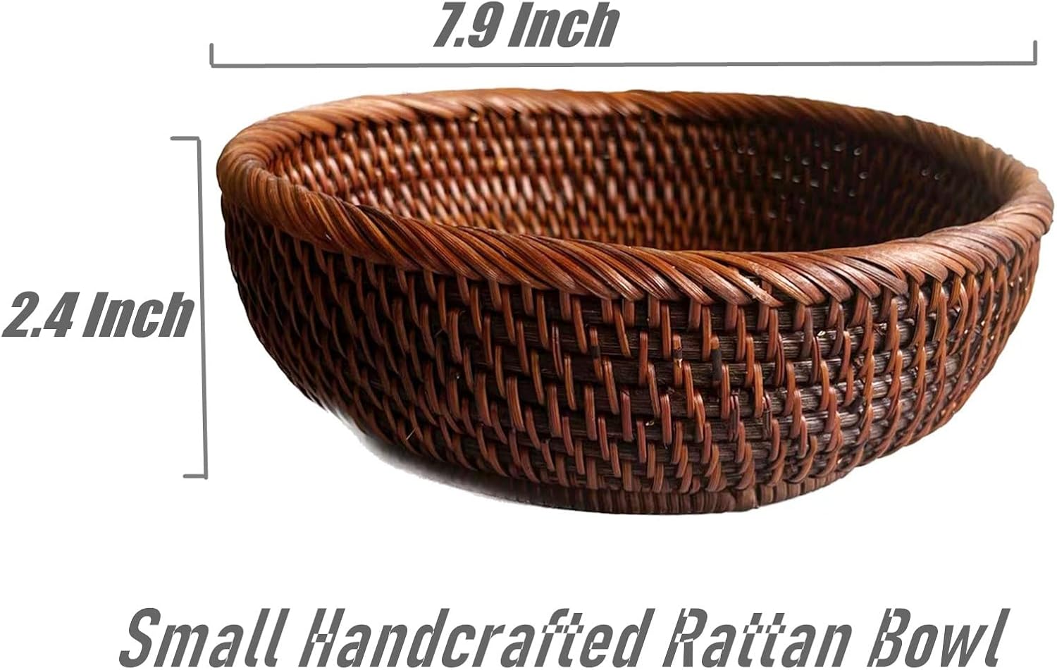 8 Inch Round Rattan Bowl Basket, Handmade Wicker Basket Tray with Scalloped Edge and 3”Deep Wall, Decorative Woven Dark Brown Bread Basket Fruit Bowl Key Holder Table Centerpiece, S