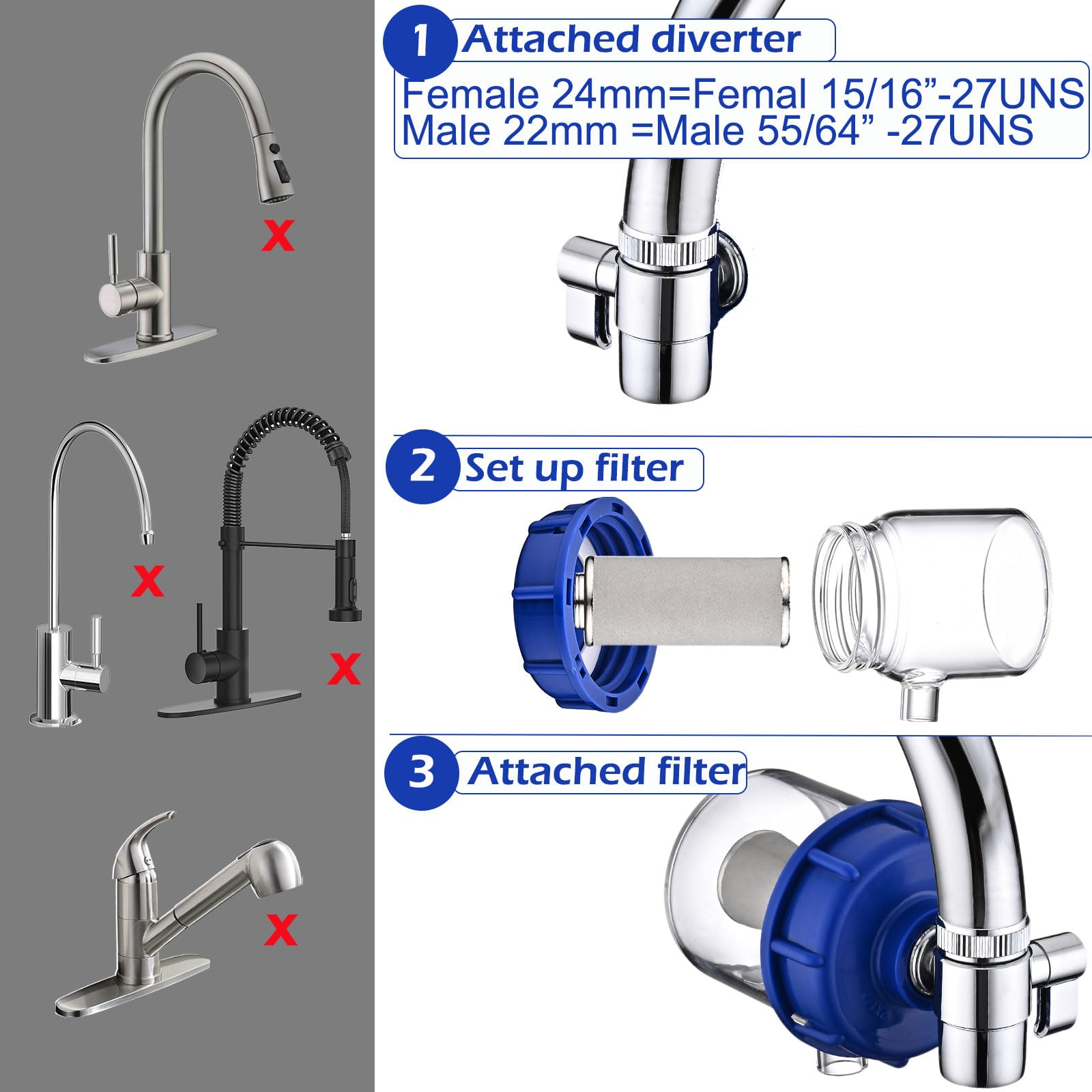 Filtro dell'acqua rinnovabile da 0,2 micron per lavello, sistema di filtrazione del rubinetto, riduce il 99,9% del sedimento al piombo cloro, adatta al rubinetto da 22 mm e al verricello interno da 24
