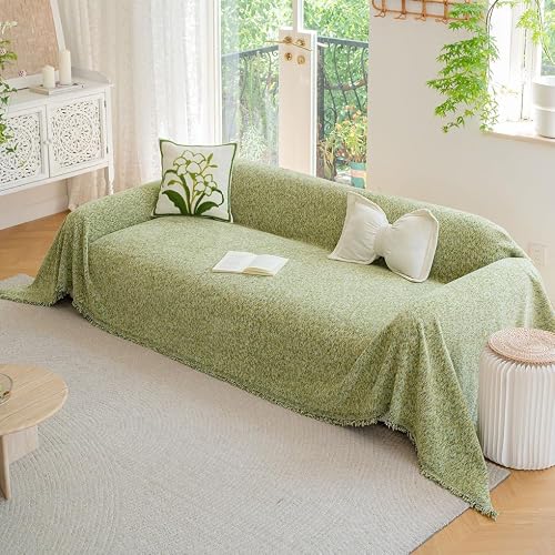 ROOMLIFE Green Sofa Cover, Vintage Boho Couch Cover for 3 Cushion Sofa, Soft Chenille Sofa Cover for Dog, Washable Furniture Sofa Protector Cover Blanket with Tassel for Living Room, 71 '' X 118''