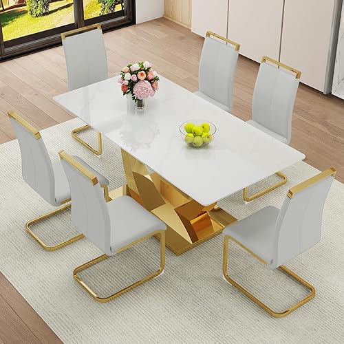 Miniatura 34 de Juego de mesa de comedor de mármol sintético para 6, mesa de comedor moderna de 71 pulgadas para 6, mesa de cocina dorada de lujo y 6 sillas de Mesa