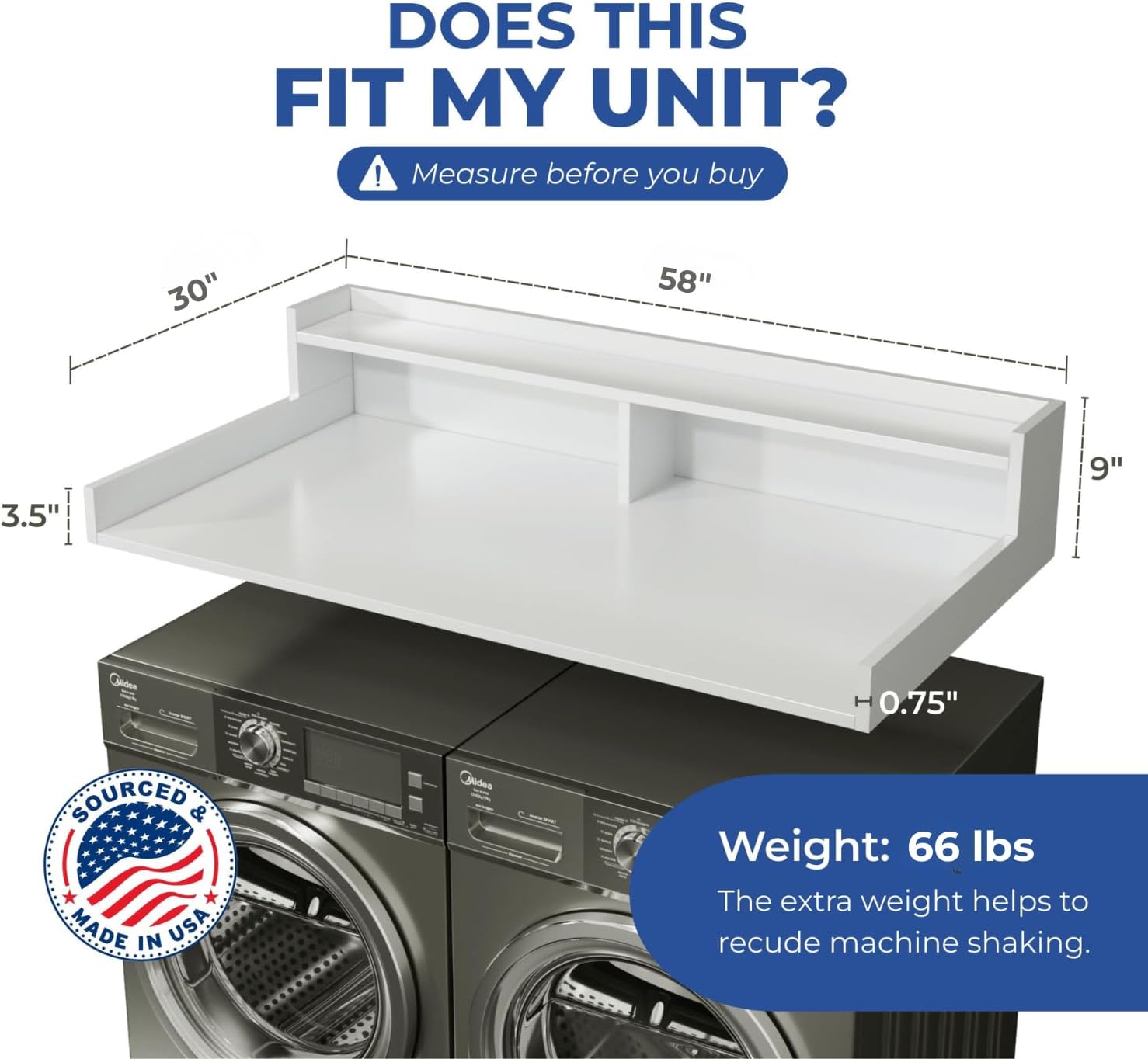 OfficeSimpli Large Washer Dryer Countertop with Shelf - 30 x 58 Inch - Made in USA Laundry Countertop Over Washer and Dryer with Non-Slip Pads, Storage Shelf, Laundry Topper Organizer, Gracier White