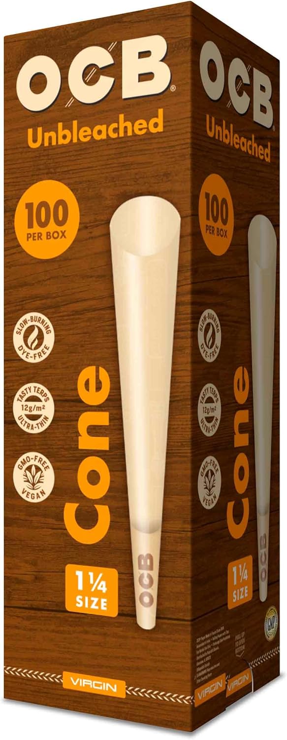 OCB Virgin Unbleached Pre-Rolled Rolling Paper Cones 1-1/4 (84mm) Size - 100 Cones