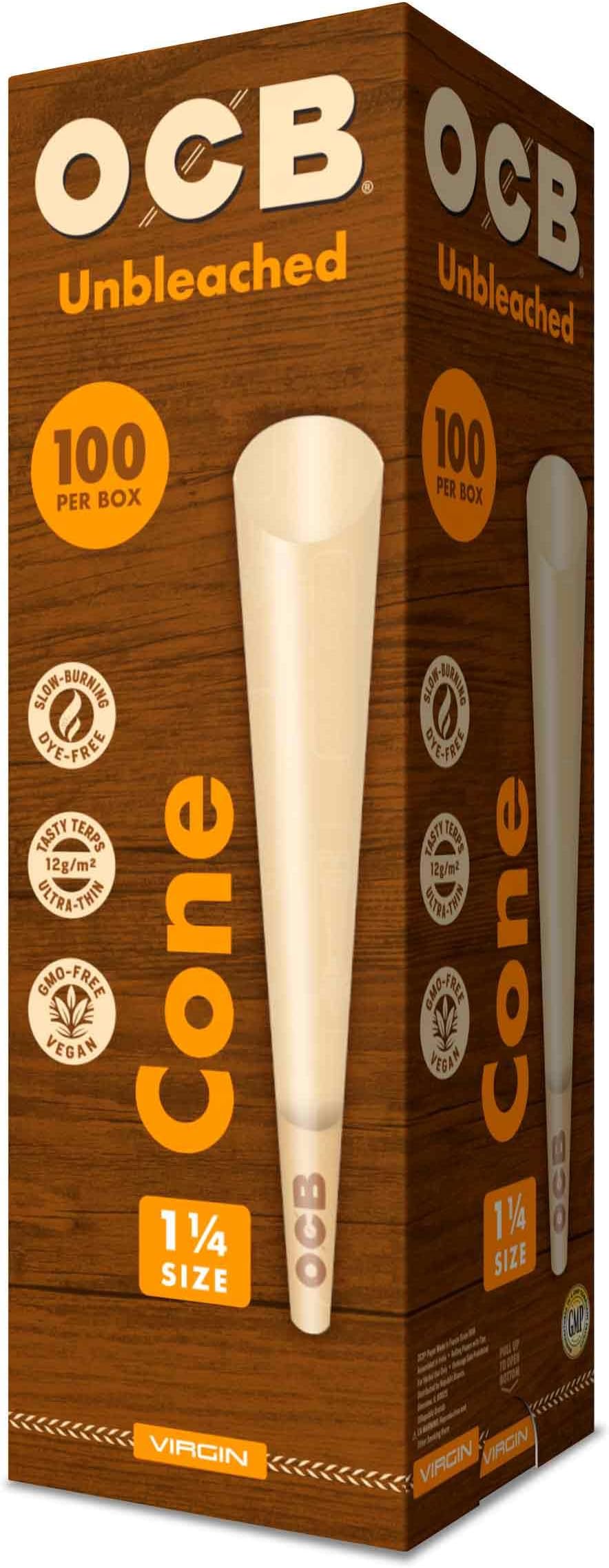 Virgin Unbleached Pre-Rolled Rolling Paper Cones 1-1/4 (84mm) Size - 100 Cones