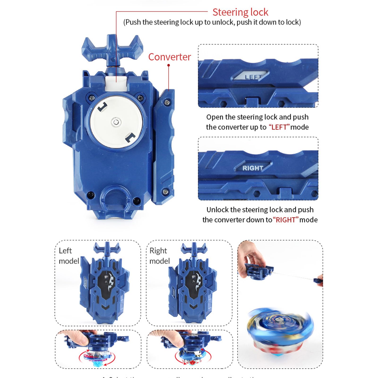 8pcs Peonzas Turbo Punta Giratoria Juego de Regalo 4D con Giroscopio y Lanzador，Blue