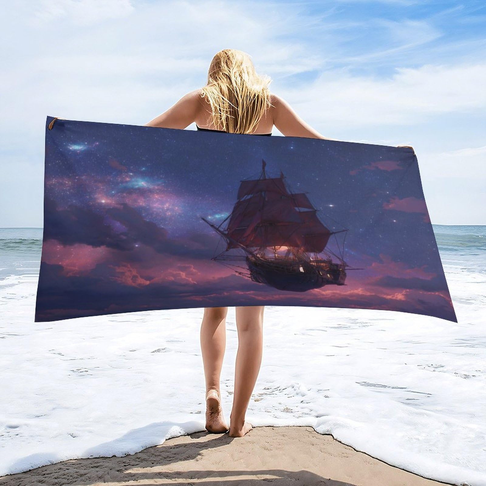 Luyysky Funny Realistic Pirate Ship Quick-Drying Beach Towel, Cool Modern Art Starry Sky Galaxy Cloud Pattern Travel Vacation Single Sided Pile Bathroom Towels-80 W Cm X 160" L Cm
